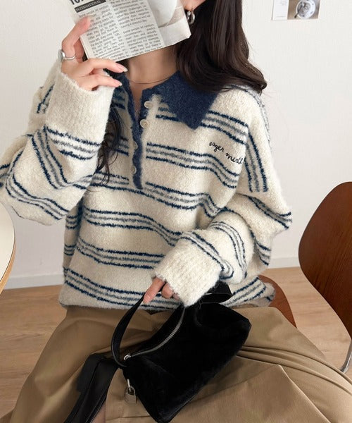 メンズライクに女子っぽさを。胸刺繍ブークレ配色ボーダーニットポロ（長袖） ce1240142