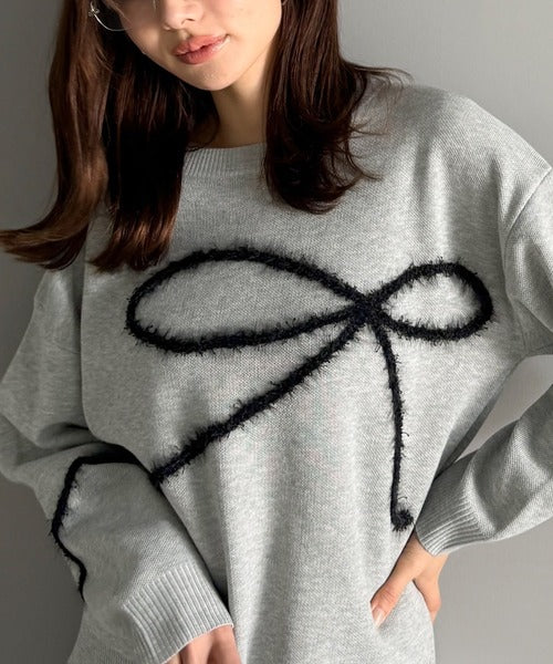 【mily bilet】ゆるっと可愛げ、ふわっと存在感。リボンフェザーコード刺繍ニット（長袖） mi1029130
