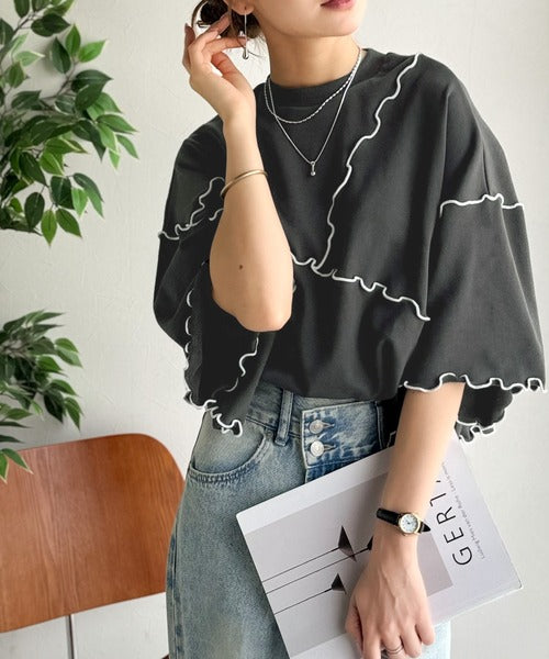 Tシャツより可愛く、スウェットより軽やか♪5分袖メロウ切替裏毛トップス ce1020310