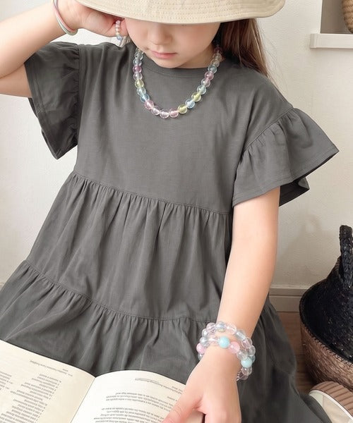 【キッズ】親子リンクコーデ可能◎！布帛ドッキング袖フリルティアードワンピース ck1050293