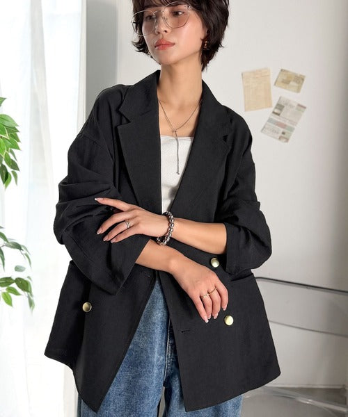 【UVカット、防シワ、接触冷感、吸水速乾機能付き】さらり羽織れるライトさで、楽なのに上品見え。ビックシルエット金ボタンダブルジャケット ce1265041