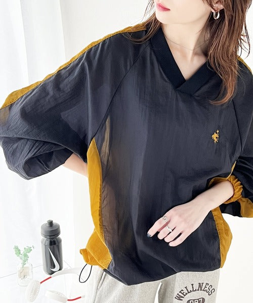 レトロ配色が今っぽ！胸刺繍配色シアー裾ドロストVネックプルオーバー ce1110082
