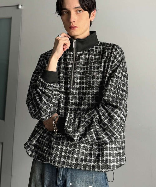 【Classical Origin】「上品カジュアル」。裾ドロスト付きツイード素材ハーフジッププルオーバー（長袖）/Tweed Fabric Drawcord Half-Zip Pullover co1010032