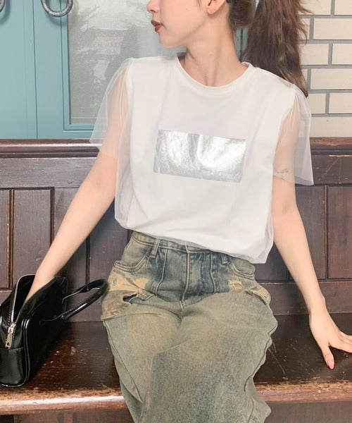 【mily bilet】1枚で上級お洒落style。チュール重ね着風シルバー箔プリントTシャツ mi1149050