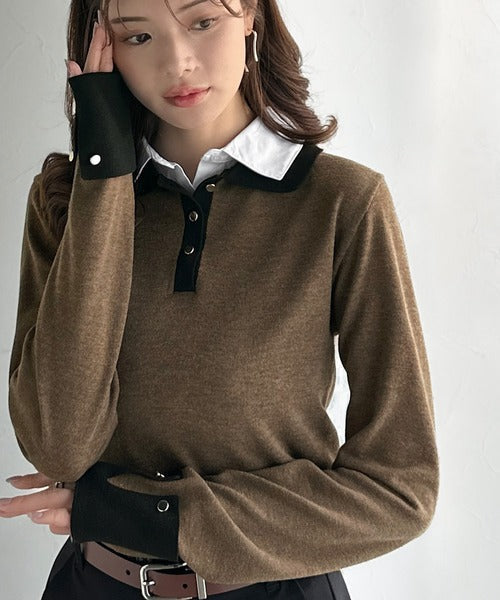 【mily bilet】重ね着風で上品見え◎レイヤード風シャツダブル襟使いカフス切り替えニットプルオーバー（長袖） mi1029159