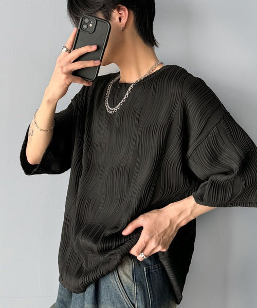 涼しくキマる、大人のリラックス。オーバーサイズウェーブ柄ジャガード半袖Ｔシャツ（メンズ） cm1010429