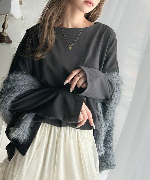 女性らしさ漂う、大人シンプル。シルケット風ボートネックロンTee ce1050246