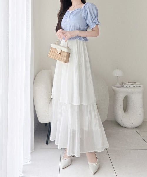 【mily bilet】1枚2役♪レイヤード風の着こなしが完成。2Wayパフスリーブブラウス×プリーツスカートドッキングワンピース (ロング丈) mi1139109