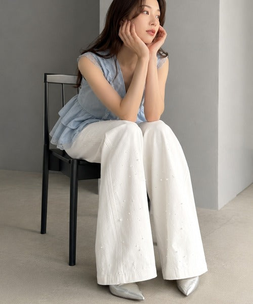 【mily bilet】カジュアルにきらめきを。パールビジューワイドストレートデニムパンツ mi1419001