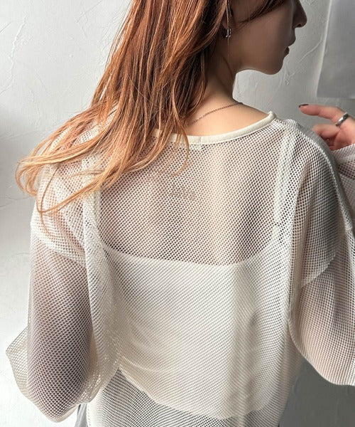 《JaVa ジャバコラボ》大人上級スタイル。メッシュレイヤードバックプリントシャーリングトップス (インナータンクトップセット) jv1260403