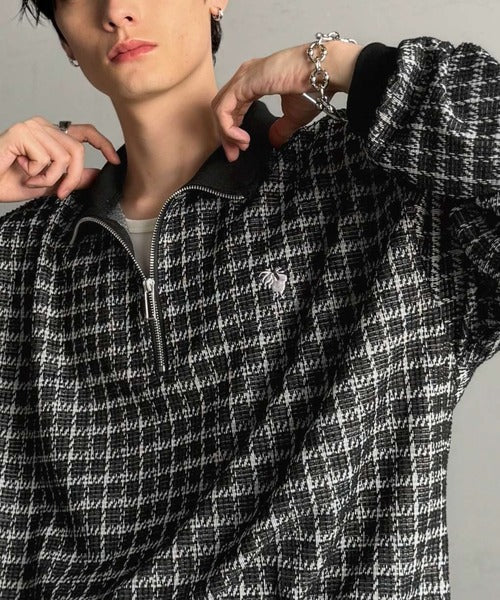 【Classical Origin】「上品カジュアル」。裾ドロスト付きツイード素材ハーフジッププルオーバー（長袖）/Tweed Fabric Drawcord Half-Zip Pullover co1010032