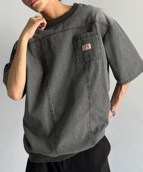 《JaVaジャバコラボ》綿100％ヴィンテージ加工アウターデニムTシャツ jo1010007