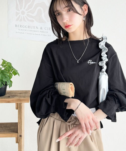 愛らしさを纏った。綿100％英字胸刺繍キャンディースリーブシルケットカットソー(長袖) ce1260394