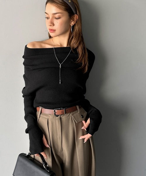 【mily bilet】立体的なシルエットが叶えるデコルテ魅せ♪指穴ドレープ使いファンオフショル２WAYリブニット mi1029137