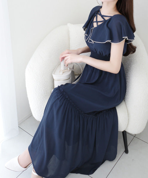 【mily bilet】今季上品に大活躍♪クロスデザイン楊柳使いフリル襟ワンピース mi1139081