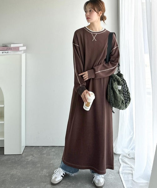 《JaVaジャバコラボ》後姿が可愛い◎配色ステッチワッフルロングワンピース（長袖） jv1260504