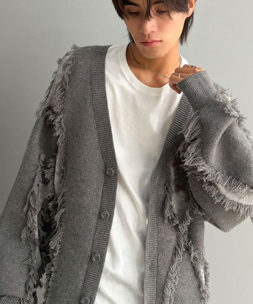 《JaVaジャバコラボ》配色×フリンジ、圧倒的存在感。配色フリンジVネックニットカーディガン jm1260632