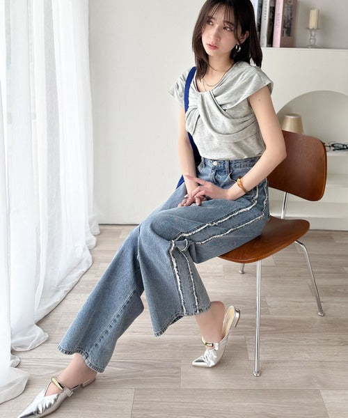 ”きれいめラフ”にこれ一択♪胸元ツイストリボンデザインTシャツ（半袖） ce1110121