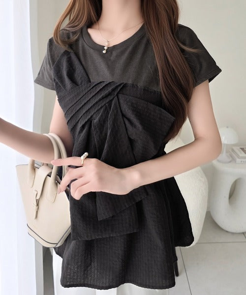【mily bilet】忙しい朝も悩まない、初夏の一軍トップス。リボンビスチェドッキングTシャツ (半袖) mi1019145