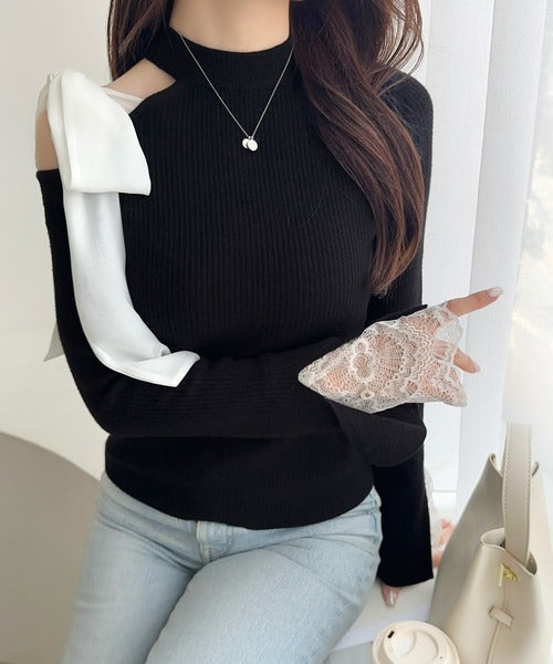 【mily bilet】大人フェミニンの主役トップス。肩シフォンリボン袖レース使いリブニット mi1029170