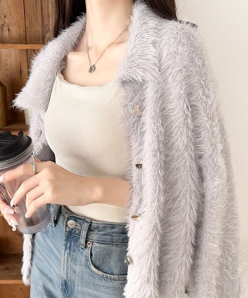【mily bilet】上品に輝く。ラメフェザーメタルボタン使い襟付きカーディガン mi1029074