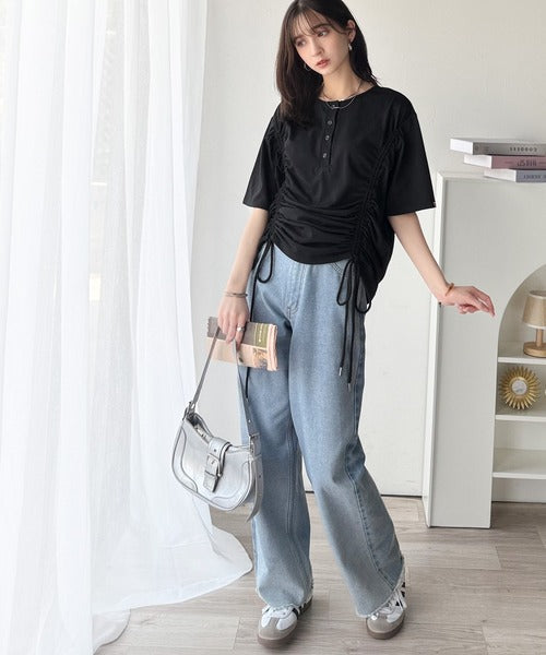 《JaVaジャバコラボ》アレンジを楽しむ、私だけの一枚。前後2wayヘンリーネックドロストチュニックＴシャツ(半袖) jv1010437