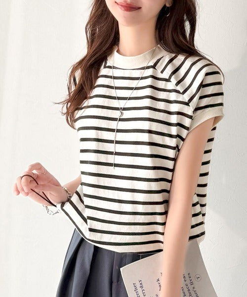 綿100%USAコットン。大人のモックネックフレンチラグラン裾ドロストシンプルTシャツ ce0780080