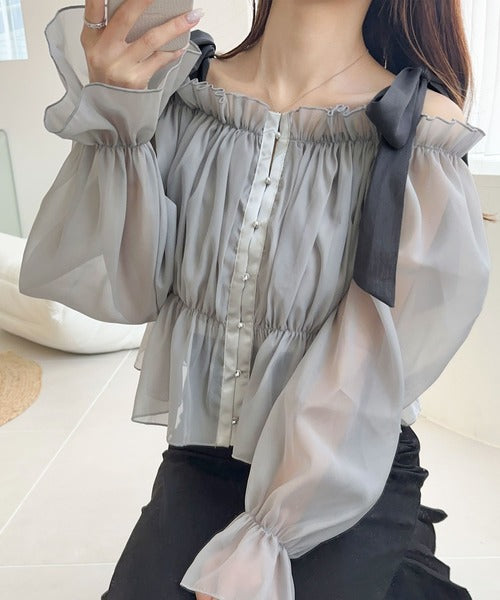 【mily bilet】大人愛され甘め主役級トップス。肩リボンオフショル２WAYオーガンジーブラウス(長袖) mi1359008