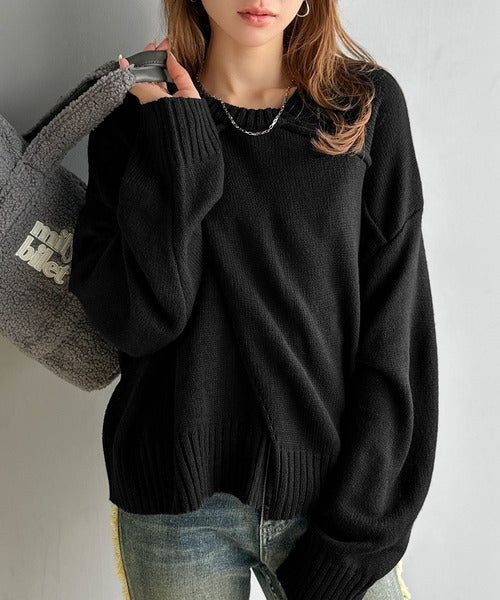 【mily bilet】ゆるっとシルエットが魅せる、大人の余裕。前後２WAYフロント切り替えニットプルオーバー（長袖） mi1329046