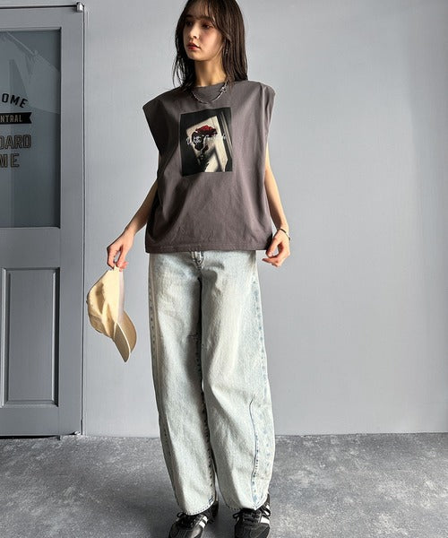 シンプルなのに着映える！お花フォトプリントシルケット加工フレンチスリーブTシャツ ce1020197