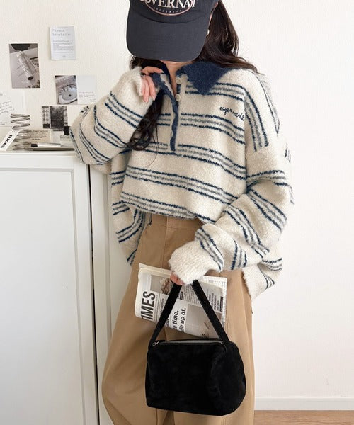 メンズライクに女子っぽさを。胸刺繍ブークレ配色ボーダーニットポロ（長袖） ce1240142