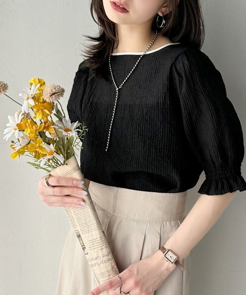 涼しげ＆透明感◎配色パイピング バルーンフリルスリーブ楊柳ブラウス（プルオーバー） ce1070160