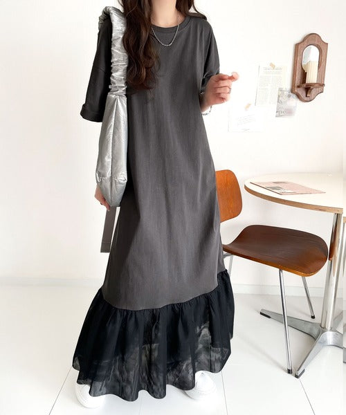 【JaVa ジャバコラボ】トレンドスタイル即完成!レイヤード風チュールコンビTシャツワンピース jv1260364