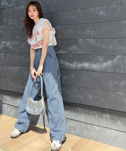 【mily bilet】可愛さふわり2倍増し！ ダブルフリル袖カレッジライクロゴゆるTシャツ mi1329036