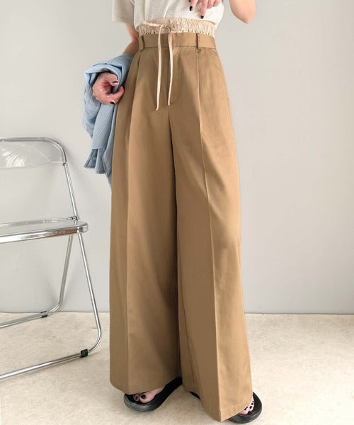 上品なシルエットの優秀パンツ♪Wベルト異素材スラックスワイドパンツ ce0940219