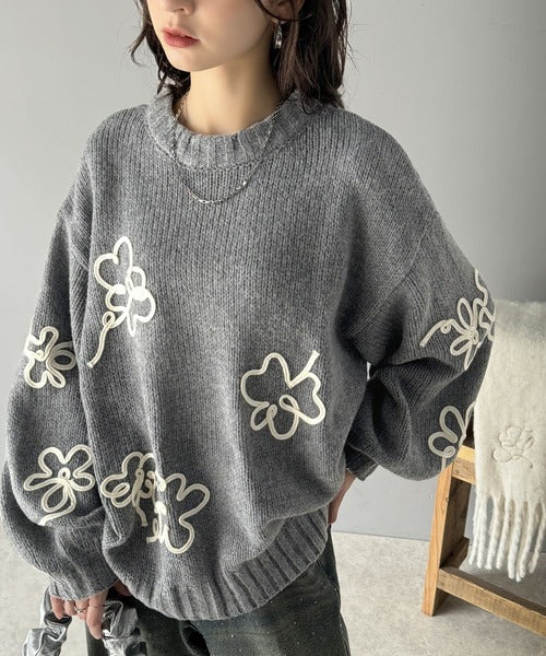【mily bilet】秋冬のあったかニット。ウールライクフラワーコード刺繍ニットプルオーバーニット mi1149064