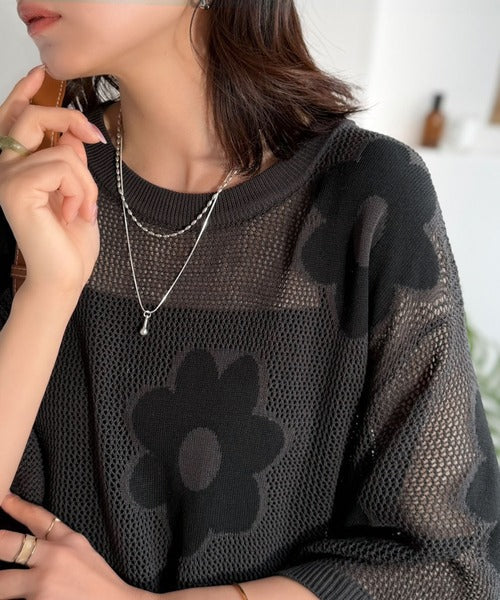 配色花柄で華やかに決まる♪フラワーモチーフジャガードメッシュサマーニット ce1350015