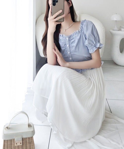 【mily bilet】1枚2役♪レイヤード風の着こなしが完成。2Wayパフスリーブブラウス×プリーツスカートドッキングワンピース (ロング丈) mi1139109