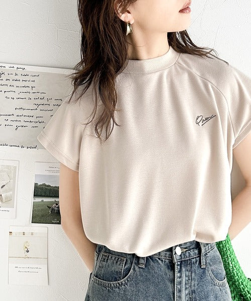 キレイめ大人のフレンチ袖。胸刺繍ラグランモックネックフレンチTシャツ ce1010311
