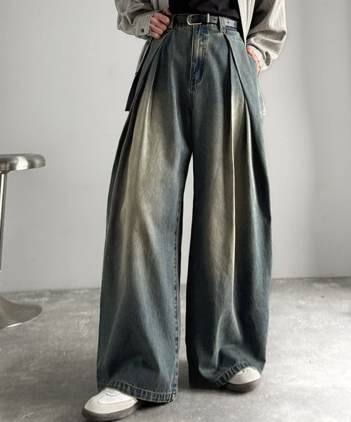 ヴィンテージ加工3タックワイドバルーンデニムパンツ／Vintage-Washed Three-Tuck Wide Balloon Denim Pants co0900009