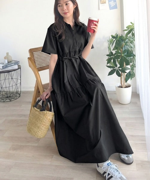 異素材ミックスが目を惹く。胸刺繍ポロ衿布帛切り替えカットティアードワンピース（半袖） ce1020350