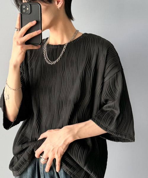 涼しくキマる、大人のリラックス。オーバーサイズウェーブ柄ジャガード半袖Ｔシャツ（メンズ） cm1010429