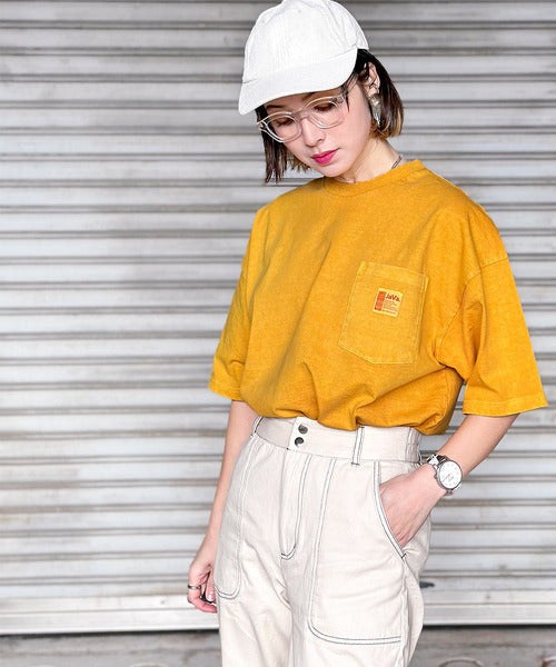 《JaVa ジャバコラボ》古着風ストリートMIX。綿100%ヘヴィーウエイト胸ポケピグメントTシャツ jv1029020