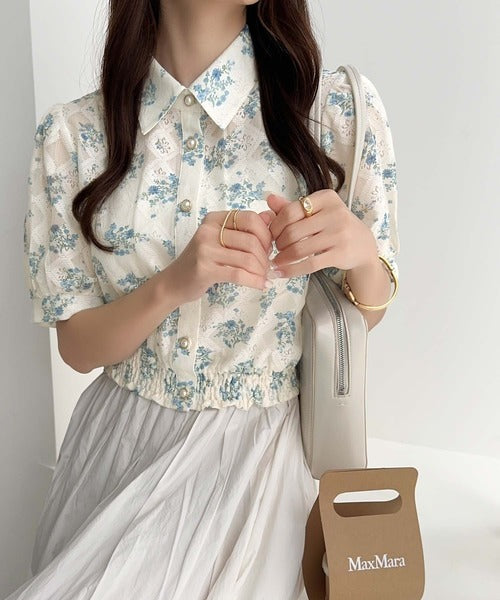 【mily bilet】スタイルアップ効果抜群♪花柄シアーレースショート丈ブラウス mi1139058