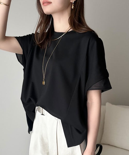 大人の女性を魅力的に引き立てる。袖口シアー切り替え 半袖 Tシャツ ce1110095