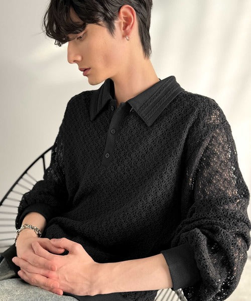 「透け感、モードの余韻。」衿ダブルライン使いレース柄ニットポロシャツ／Double-Line Collar Lace Pattern Knit Polo Shirt co1010049