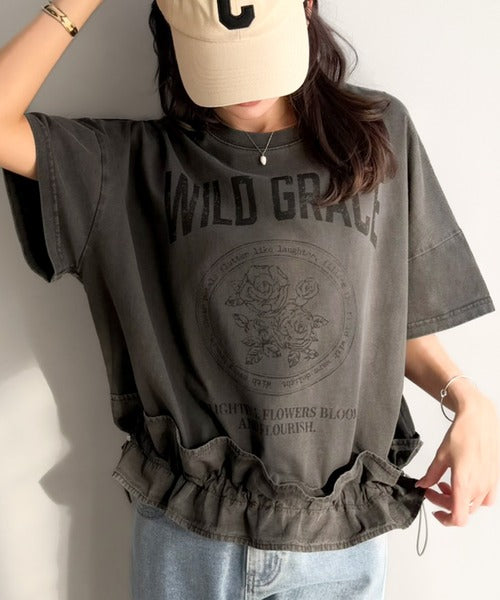 【mily bilet】甘辛バランスが叶う！綿100％ゆるシルエット裾ドロストフリルプリントTシャツ mi1329075