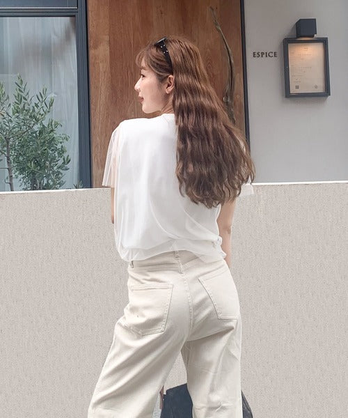 【mily bilet】1枚で上級お洒落style。チュール重ね着風シルバー箔プリントTシャツ mi1149050