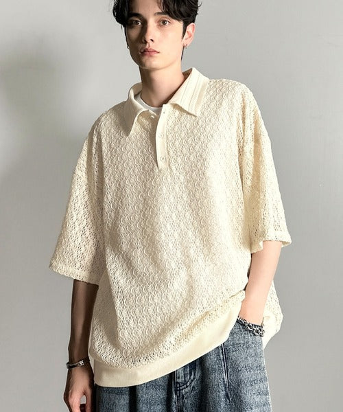 「透け感、モードの余韻。」衿ダブルライン使いレース柄ニットポロシャツ/Lace Detail Knit Polo Shirt co1010010
