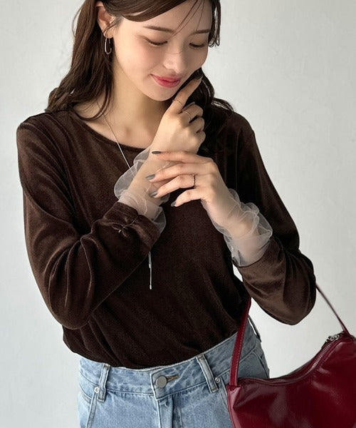 【mily bilet】異素材ミックスで魅せる◎シアーベロア袖メッシュ切り替えプルオーバー mi1269008